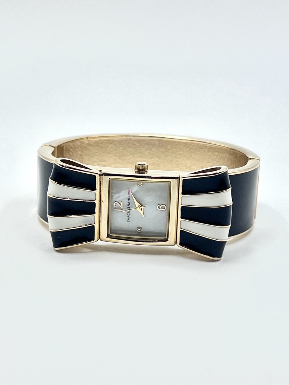 Isaac Mizrahi Gold-Tone Black and White Bow Bangle Cuff Watch